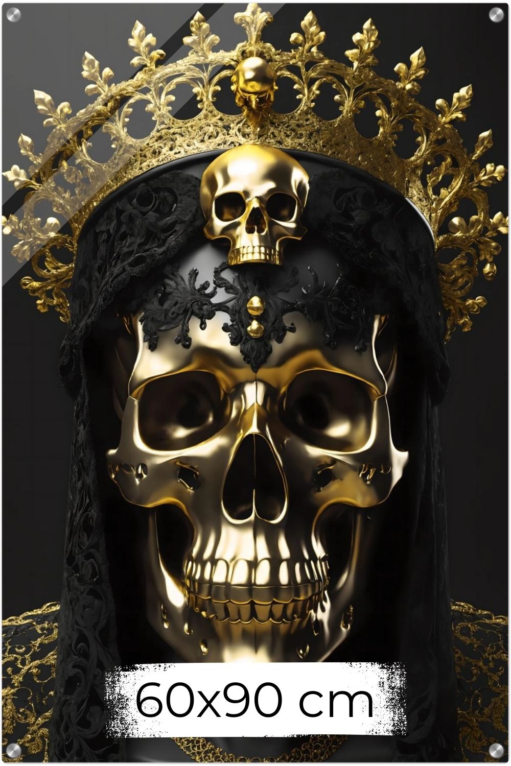 Modernes Wandbild eines golden glänzenden Schädels mit einer großen, filigranen Goldkrone vor dunklem Hintergrund. Acryl 60x90 cm