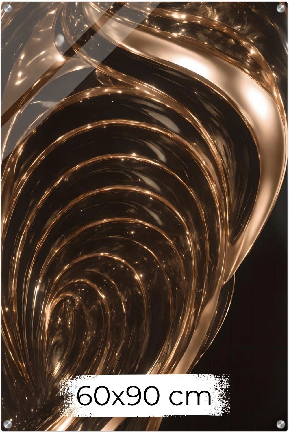 Abstraktes Wandbild mit fließenden, hochglänzenden Wellen aus flüssigem Gold vor einem tiefschwarzen Hintergrund. Acryl 60x90 cm