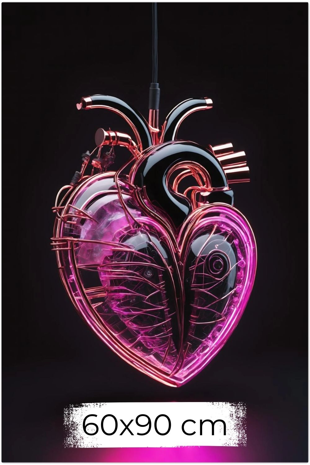 Digitales Kunstwerk eines anatomischen Herzens mit leuchtend pinken Neon-Strukturen und glänzenden schwarzen Oberflächen auf dunklem Grund. Dibond 60x90 cm