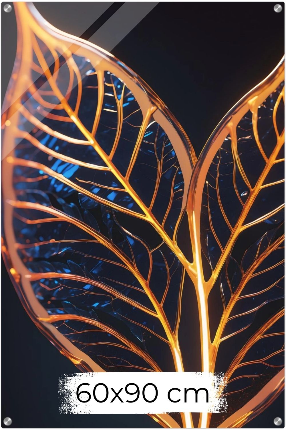 Abstraktes Wandbild mit einer großen goldenen Feder inmitten von fließenden Farbwirbeln in Smaragdgrün und Magenta. Acryl 60x90 cm