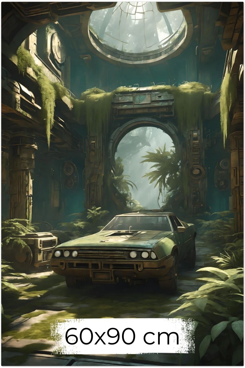 Vergangener Glanz trifft Natur: „Ancient Drive“ zeigt ein verlassenes Auto in einer überwucherten Ruine. Jetzt als hochwertiges Wandbild bei Gudekind kaufen. Dibond 60x90 cm