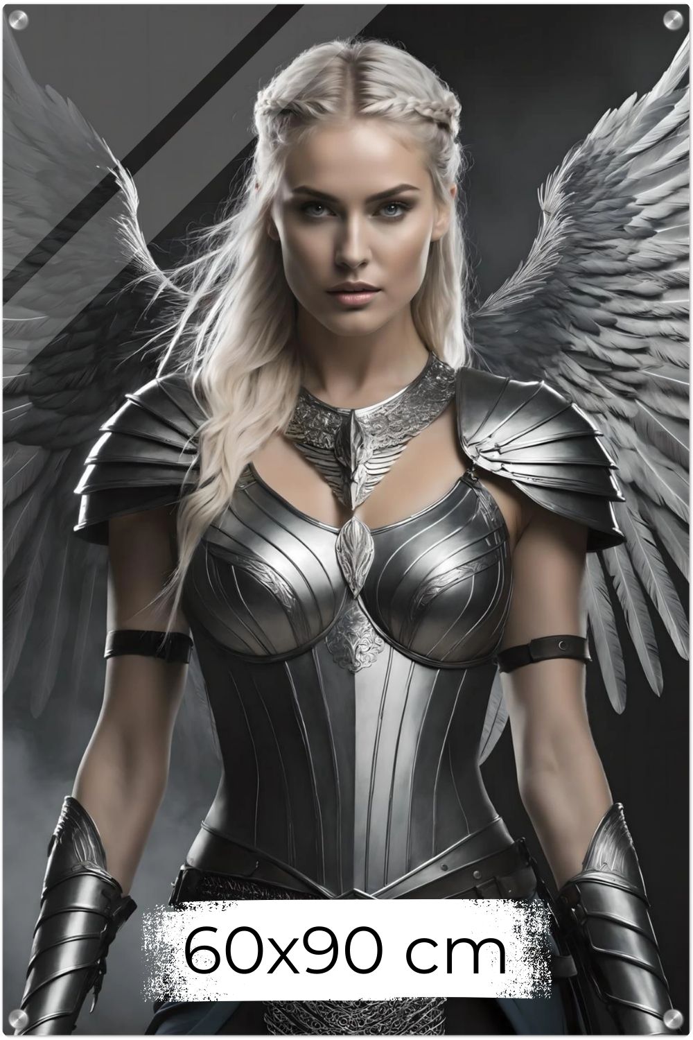Cineastisches Fantasy-Wandbild einer majestätischen Walküre in glänzender Silberrüstung mit großen, detaillierten Metallflügeln vor dunklem Hintergrund. Acryl 60x90 cm
