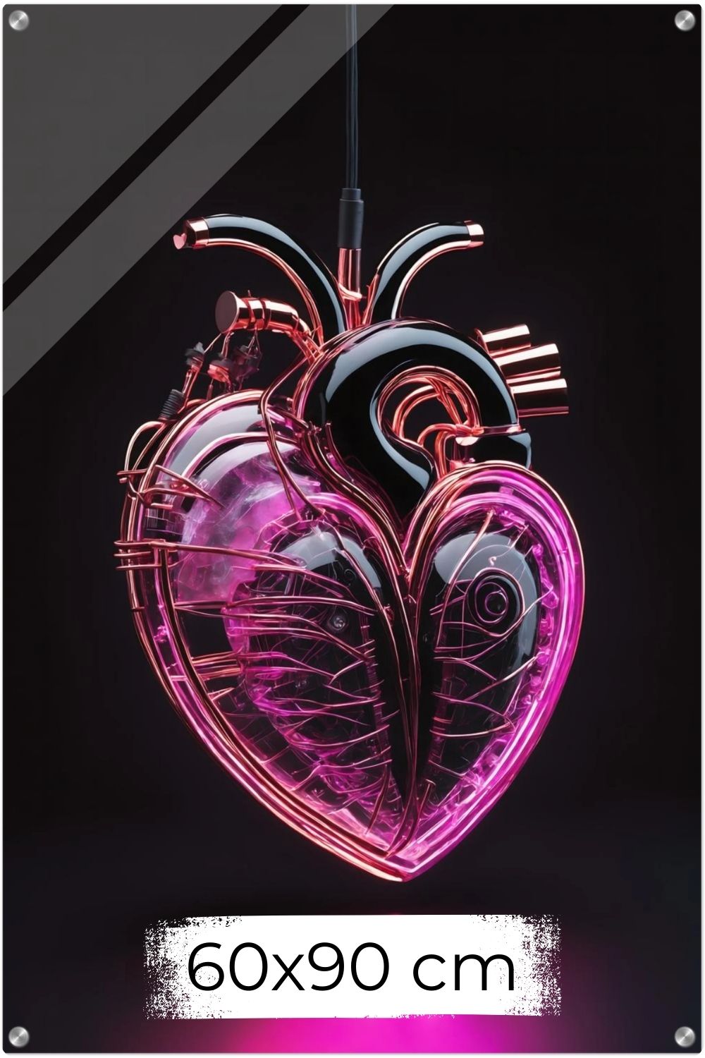 Digitales Kunstwerk eines anatomischen Herzens mit leuchtend pinken Neon-Strukturen und glänzenden schwarzen Oberflächen auf dunklem Grund. Acryl 60x90 cm