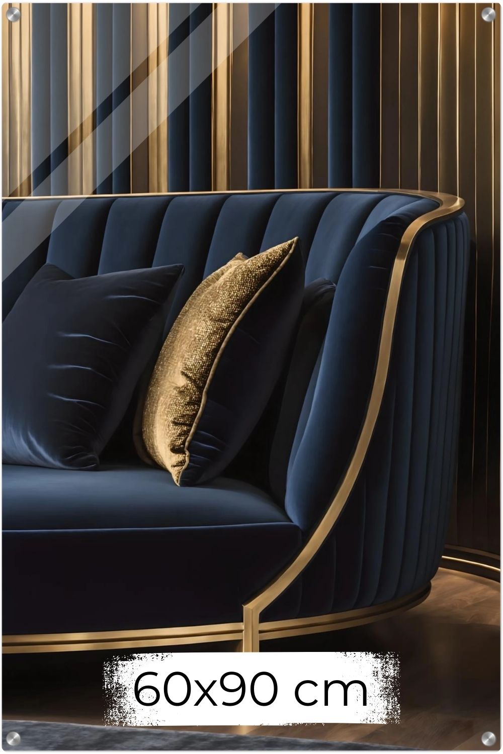 Detailaufnahme eines dunkelblauen Samtsofas mit goldenen Rahmen und Kissen vor einer gold-gestreiften Wand. Acryl 60x90 cm