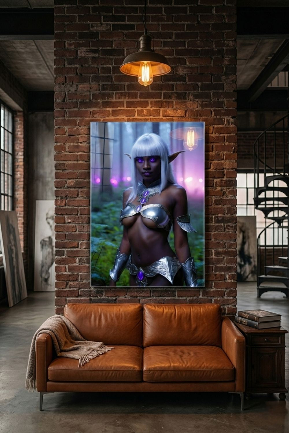 Mystisches Porträt einer Dunkelelfin mit platinweißem Haar, leuchtend violetten Augen und einer silbernen Rüstung in einem nebligen Wald. Acryl