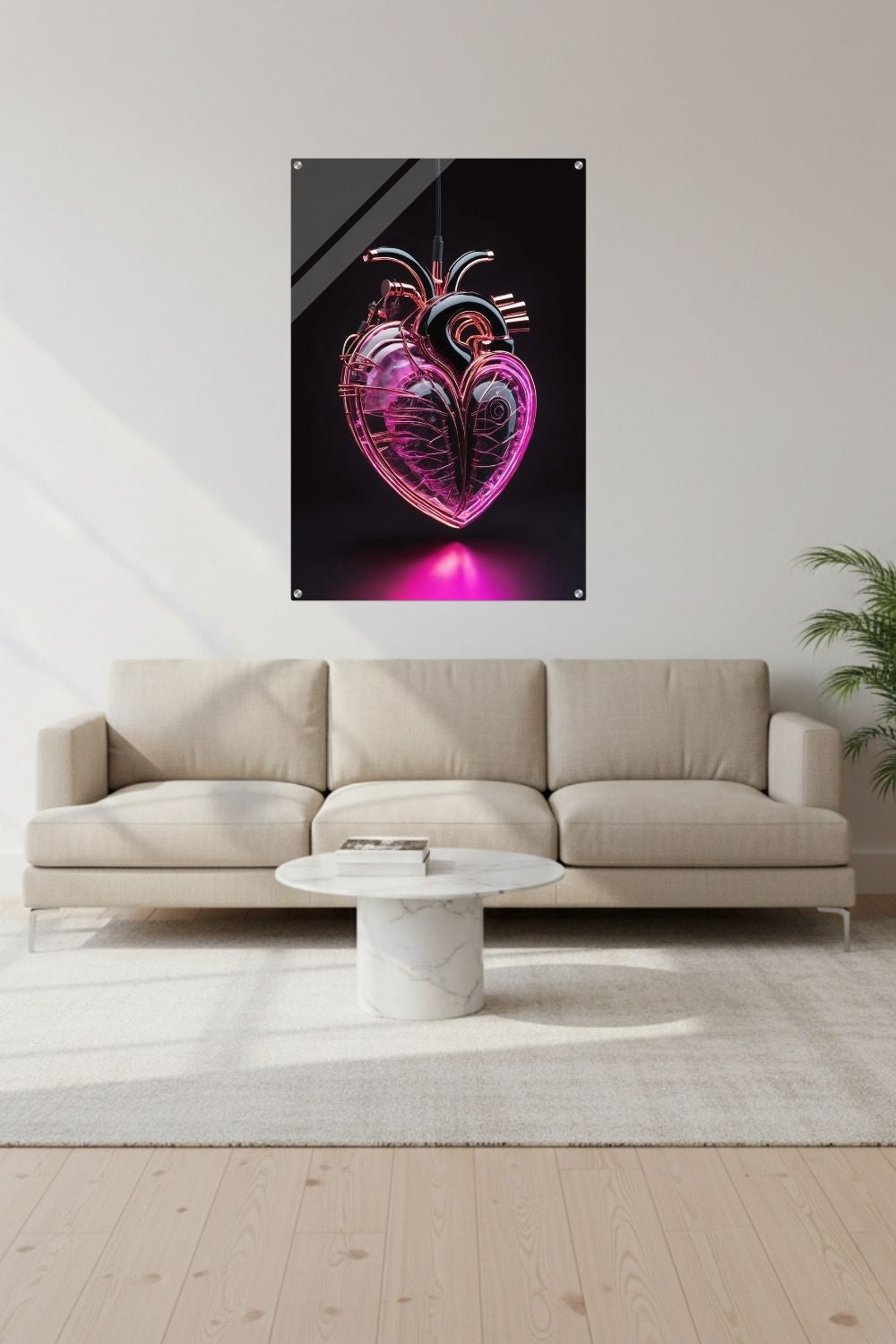 Digitales Kunstwerk eines anatomischen Herzens mit leuchtend pinken Neon-Strukturen und glänzenden schwarzen Oberflächen auf dunklem Grund. Acryl