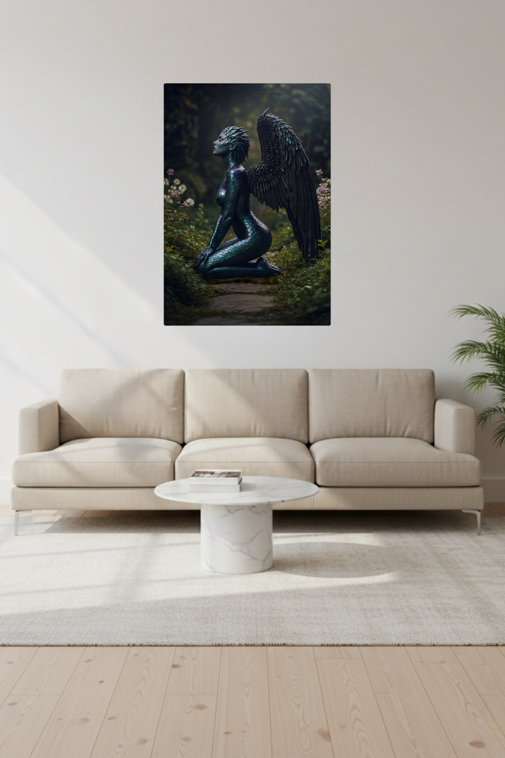 Detailreiches Porträt einer Frau, deren Haut an Wangen und Hals in grüne und goldene Drachenschuppen übergeht. Acryl