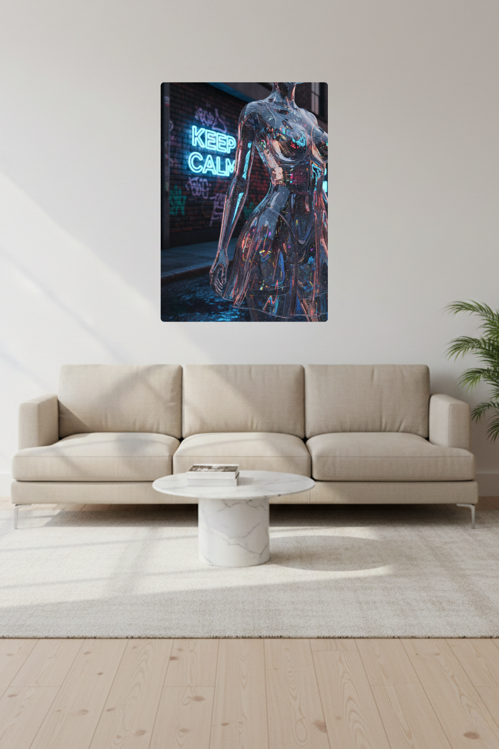 Wandbild einer transparenten Frauenfigur aus Glas vor einer Backsteinwand mit blauem 'Keep Calm' Neonschild. Acryl