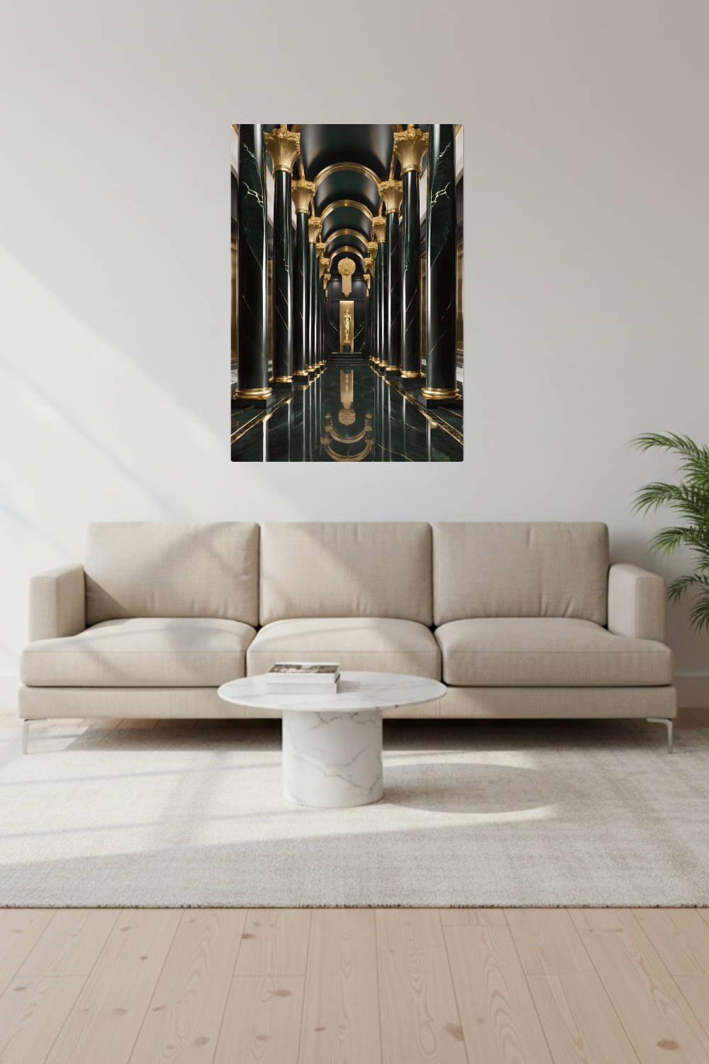 Maximale Opulenz: „Imperial Emerald Hall“ vereint grünen Marmor und goldenen Glanz in perfekter Symmetrie. Jetzt exklusive Premium-Kunst bei Gudekind entdecken. Dibond