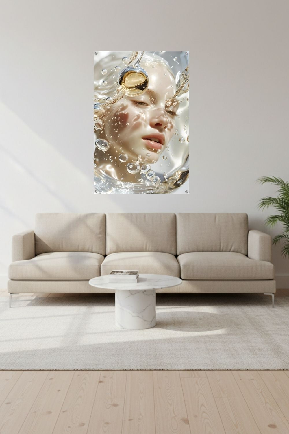 Surreales Porträt einer Frau hinter klarem Wasser mit vielen aufsteigenden Luftblasen, Wassertropfen und hellen Lichtreflexen. Acryl