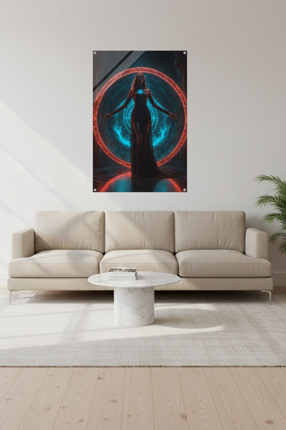 Mystisches Wandbild einer Frau in dunkler Robe vor einem glühenden rot-blauen Portal in einer dunklen Tempelhalle, Fantasy-Kunst-Stil. Acryl