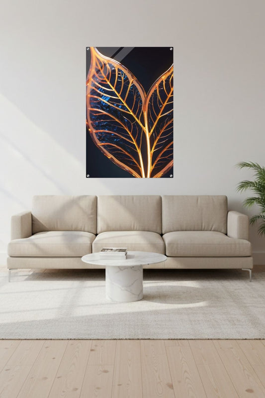 Abstraktes Wandbild mit einer großen goldenen Feder inmitten von fließenden Farbwirbeln in Smaragdgrün und Magenta. Acryl