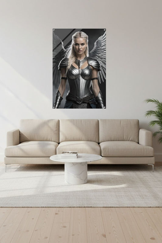 Cineastisches Fantasy-Wandbild einer majestätischen Walküre in glänzender Silberrüstung mit großen, detaillierten Metallflügeln vor dunklem Hintergrund. Acryl