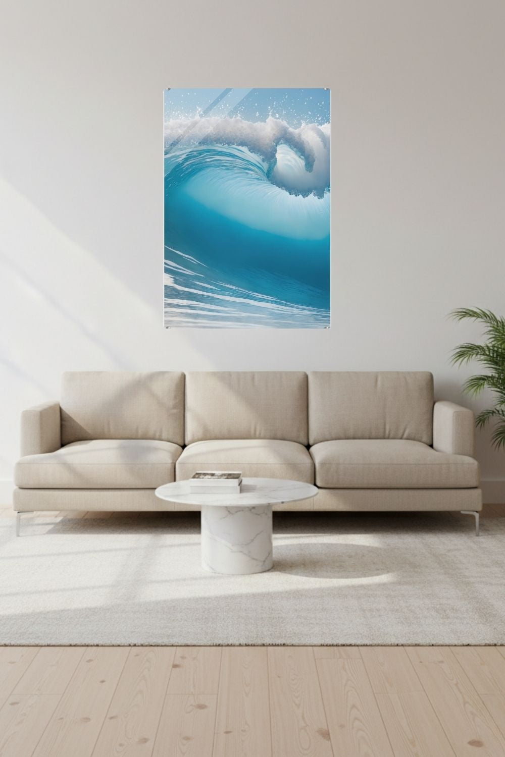 Hochwertiges Wandbild einer großen, brechenden Meereswelle in hellem Türkis mit weißer Gischt unter klarem Himmel. Acryl