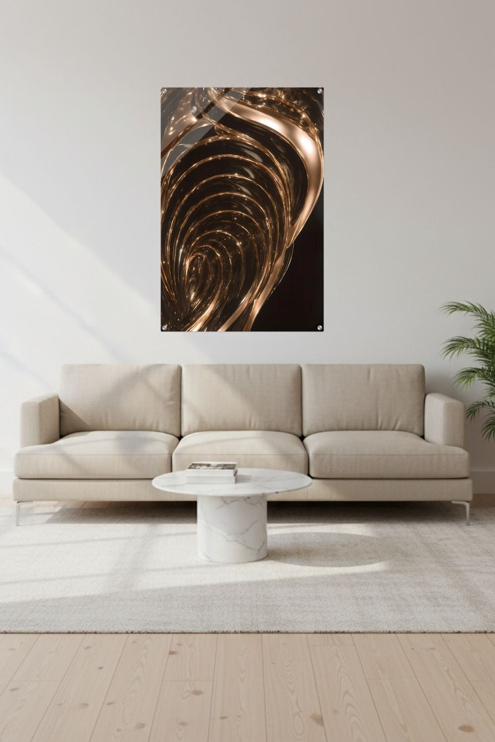 Abstraktes Wandbild mit fließenden, hochglänzenden Wellen aus flüssigem Gold vor einem tiefschwarzen Hintergrund. Acryl