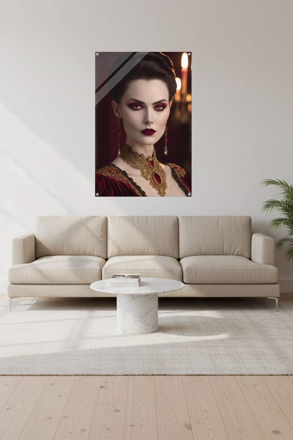 Elegantes Porträt einer Frau im aristokratischen Stil mit roten Augen, rotem Samtkleid und opulentem Goldschmuck vor einem dunklen Hintergrund. Acryl