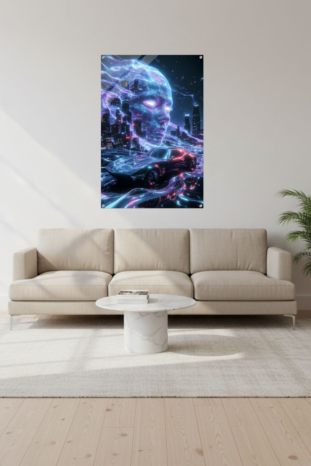 Cyberpunk-Wandbild mit einem Sportwagen auf leuchtenden Datenbahnen vor einer Skyline und dem digitalen Gesicht einer künstlichen Intelligenz. Acryl