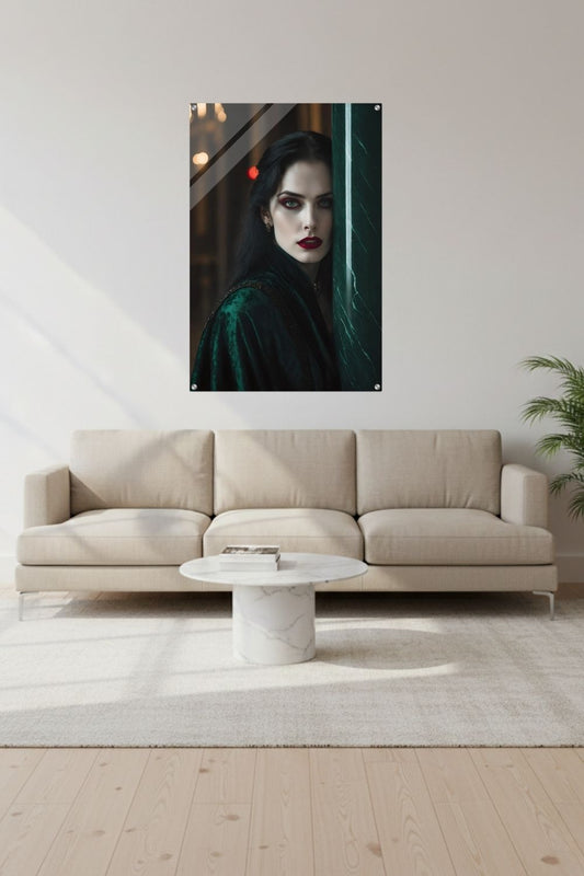 Aristokratisches Porträt einer Frau in grünem Samt an einer Marmorsäule mit roten Lippen. Acryl