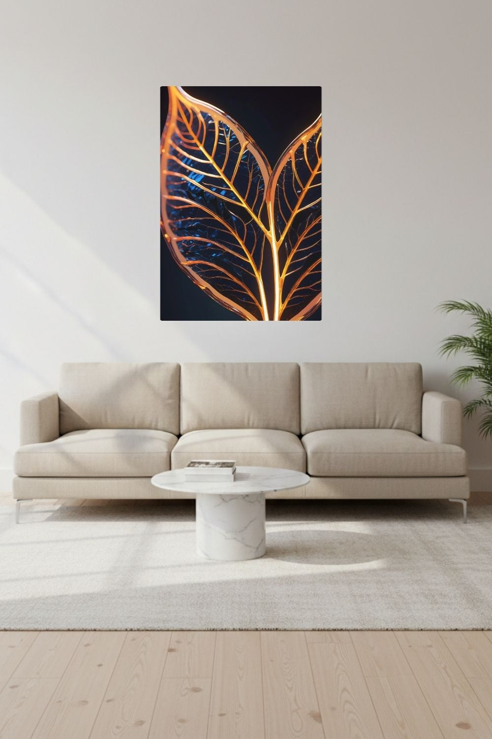 Abstraktes Wandbild mit einer großen goldenen Feder inmitten von fließenden Farbwirbeln in Smaragdgrün und Magenta. Dibond