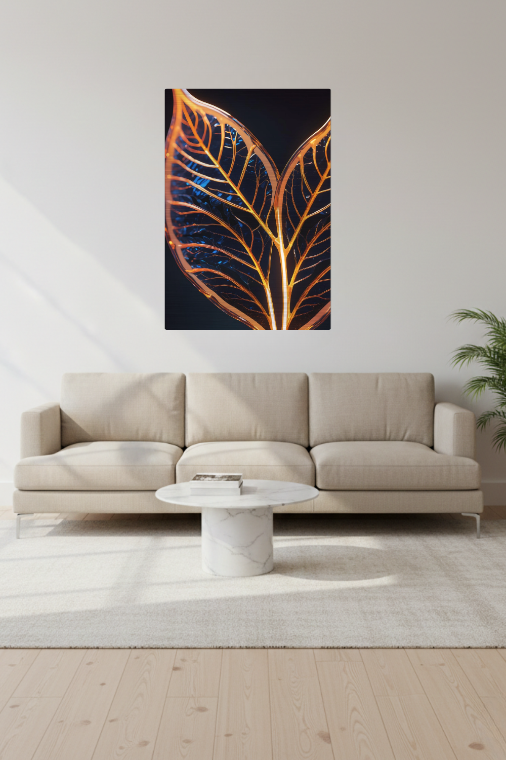 Abstraktes Wandbild mit einer großen goldenen Feder inmitten von fließenden Farbwirbeln in Smaragdgrün und Magenta. Brushed