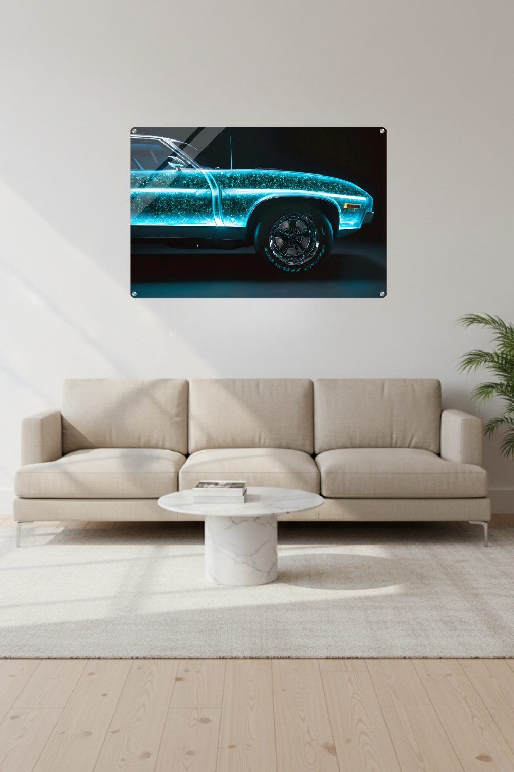 Tradition trifft Zukunft: „Neon Heritage“ zeigt ein klassisches Auto mit leuchtendem High-Tech-Kern. Einzigartiges Design für Technik-Fans bei Gudekind. Acryl