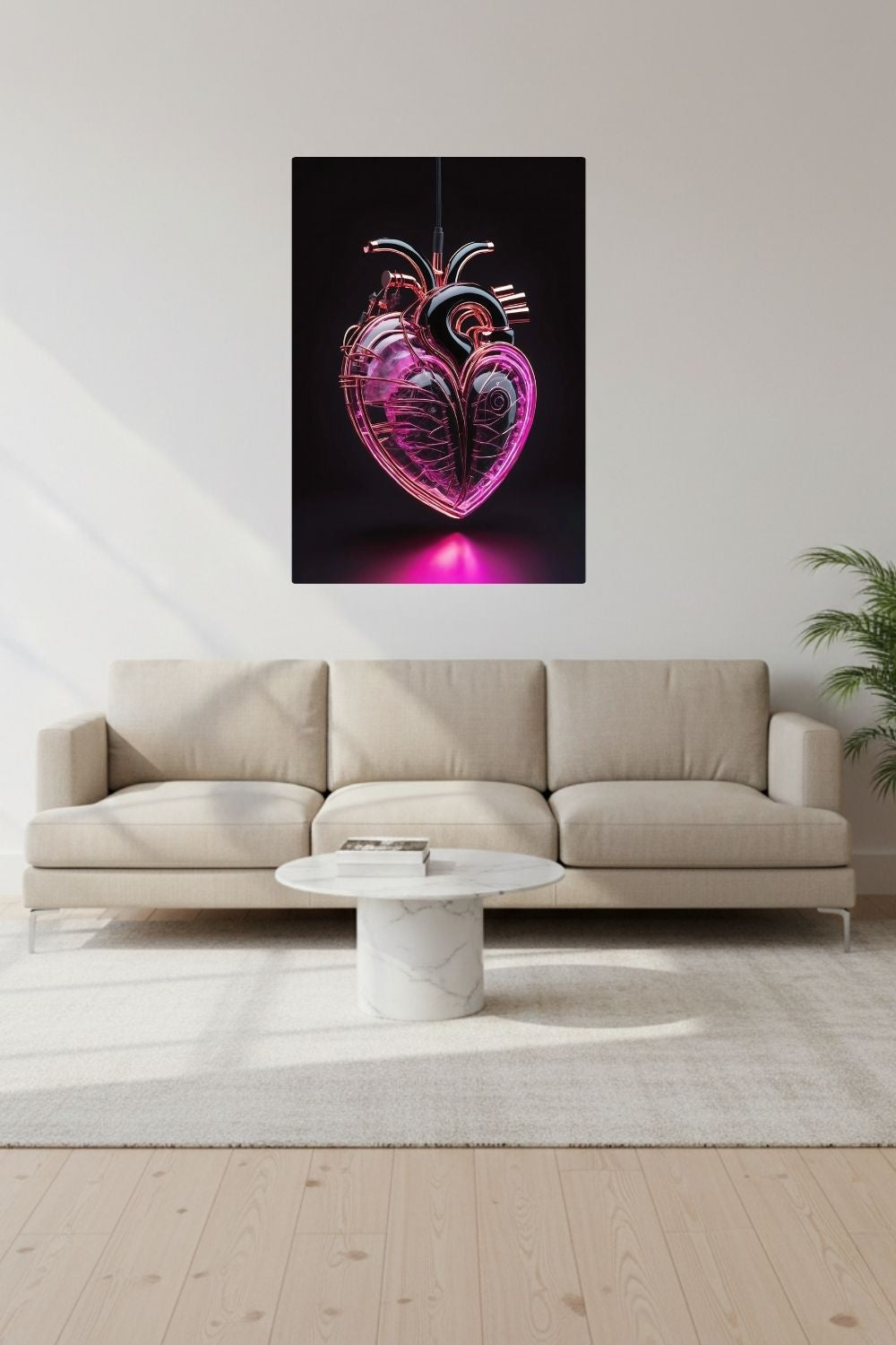 Digitales Kunstwerk eines anatomischen Herzens mit leuchtend pinken Neon-Strukturen und glänzenden schwarzen Oberflächen auf dunklem Grund. Dibond