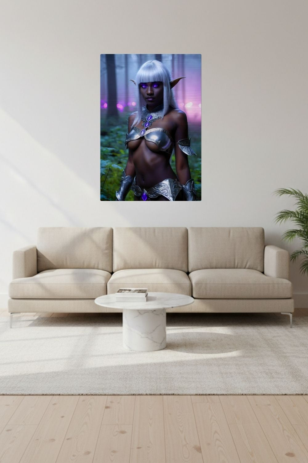 Mystisches Porträt einer Dunkelelfin mit platinweißem Haar, leuchtend violetten Augen und einer silbernen Rüstung in einem nebligen Wald. Brushed