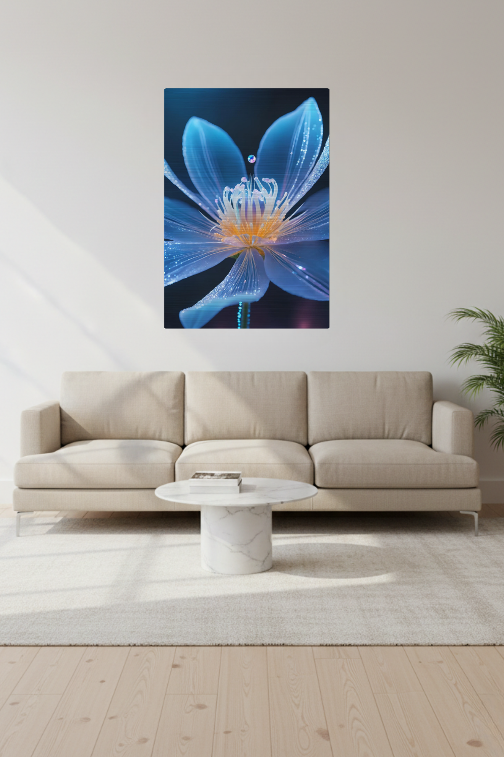 Digitales Wandbild einer blau leuchtenden Blüte mit goldenem Kern und schimmernden Lichtpartikeln auf dunklem Grund. Brushed