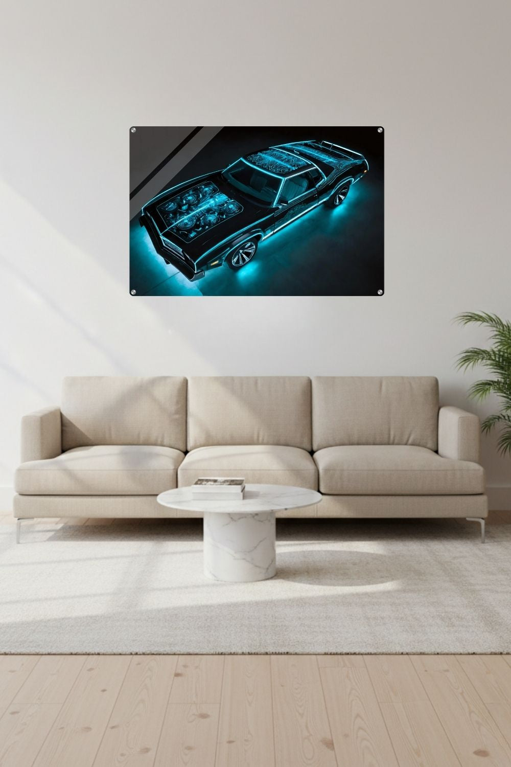 Digitales Kunstwerk eines schwarzen Muscle Cars mit leuchtend türkisen Neon-Umrisslinien und beleuchtetem Motor. Acryl