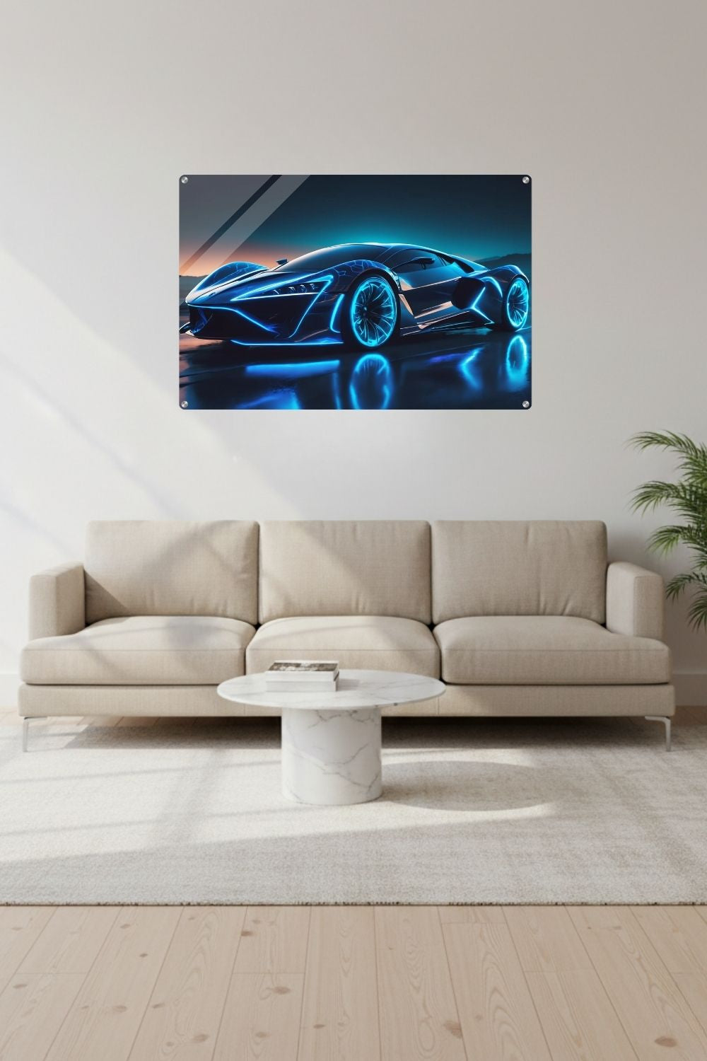 Futuristisches Hypercar-Wandbild in Schwarz mit leuchtend blauen Neon-Konturen und glühenden Felgen auf nasser Fahrbahn bei Nacht. 60x90 cm. Acryl