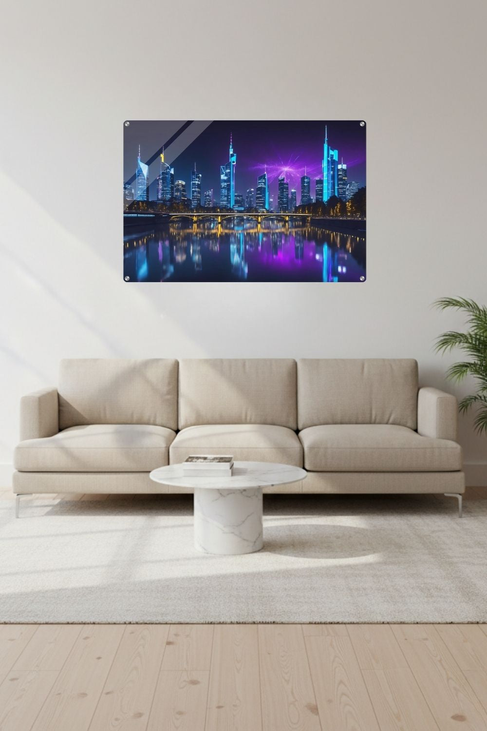 Futuristisches Wandbild der Frankfurter Skyline bei Nacht mit neonblauen Hochhäusern und violetten Lichtreflexionen auf dem Main. Acryl