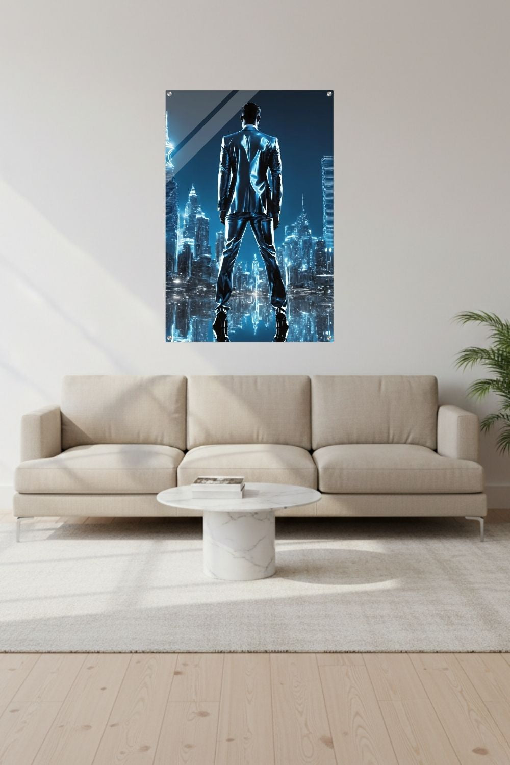 Erfolg visualisiert: „Liquid Ambition“ zeigt einen Mann in Metall-Optik vor einer strahlenden Skyline. Kraftvolle Kunst für Ihr Büro bei Gudekind. Acryl