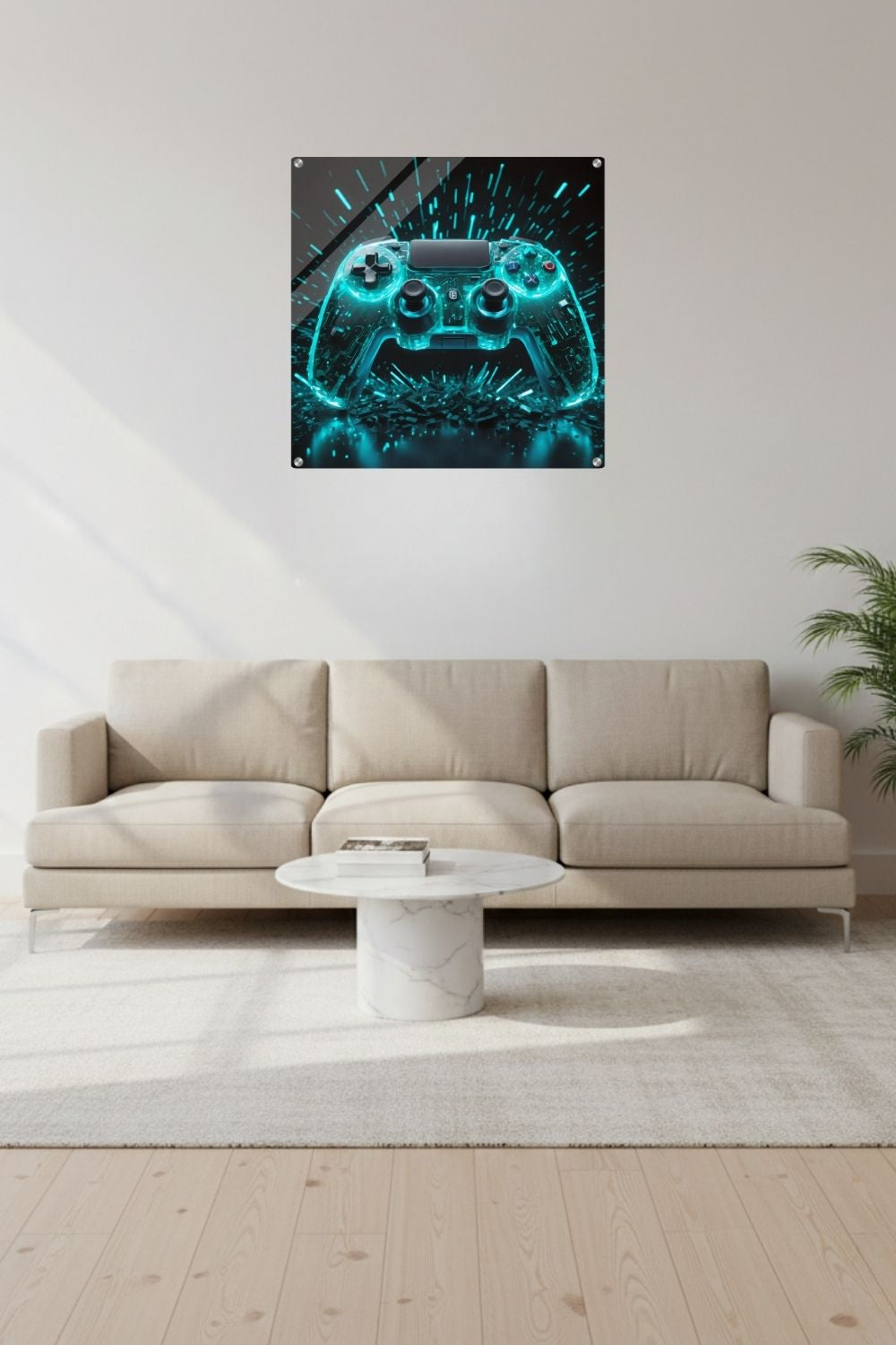 Futuristisches Wandbild eines transparenten Gaming-Controllers, der von innen heraus in hellem Cyan-Blau leuchtet, vor einem dunklen Hintergrund mit Lichteffekten. Acryl