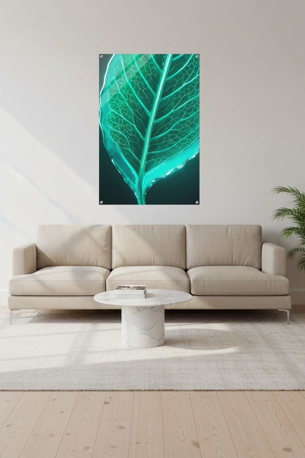 Bringen Sie Natur zum Leuchten! „Luminous Emerald Leaf“ zeigt ein gläsernes Blatt in brillantem Smaragdgrün. Perfekt als modernes Statement für Ihr Zuhause. Acryl