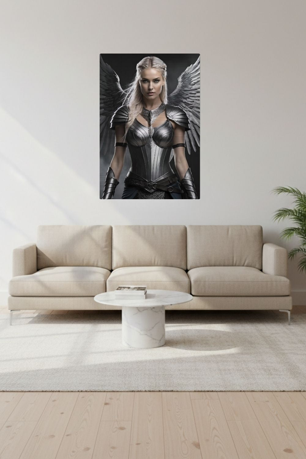 Cineastisches Fantasy-Wandbild einer majestätischen Walküre in glänzender Silberrüstung mit großen, detaillierten Metallflügeln vor dunklem Hintergrund. Brushed