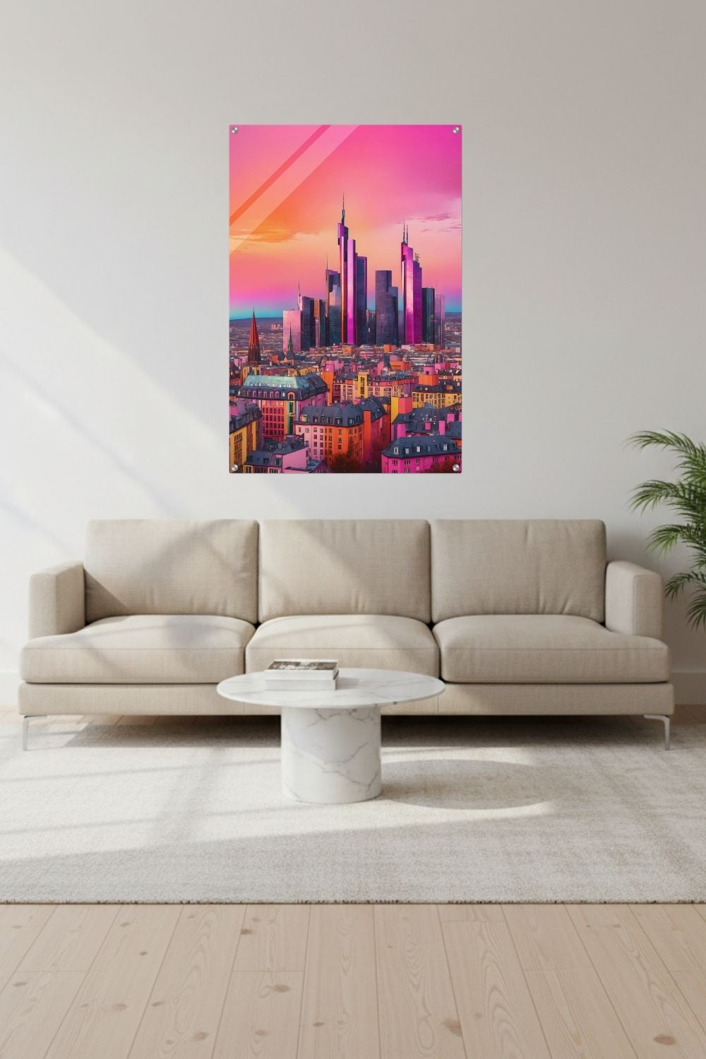 Buntes Wandbild der Frankfurter Skyline in intensiven Pink- und Violetttönen im modernen Pop-Art-Illustrationsstil. Acryl
