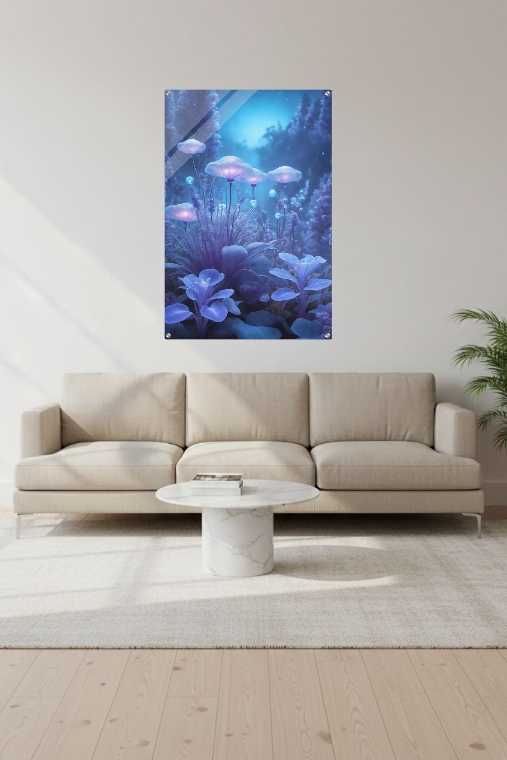 Digitales Kunstwerk einer fantastischen Waldlandschaft mit biolumineszenten, blau leuchtenden Pilzen und Blumen in sanftem Licht. Acryl