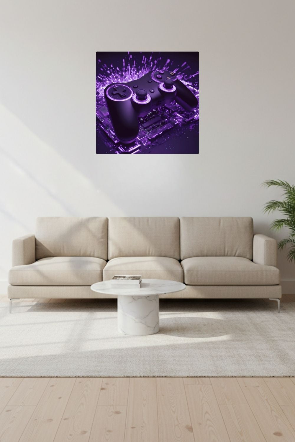 Modernes Gaming-Wandbild mit einem schwarzen Controller, der von violettem Neonlicht und Lichtpartikeln umgeben ist. Dibond