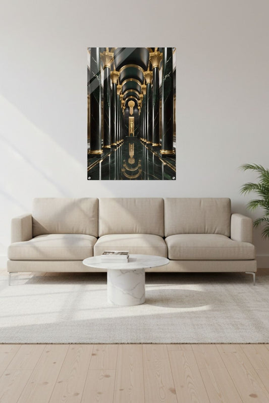 Maximale Opulenz: „Imperial Emerald Hall“ vereint grünen Marmor und goldenen Glanz in perfekter Symmetrie. Jetzt exklusive Premium-Kunst bei Gudekind entdecken. Acryl