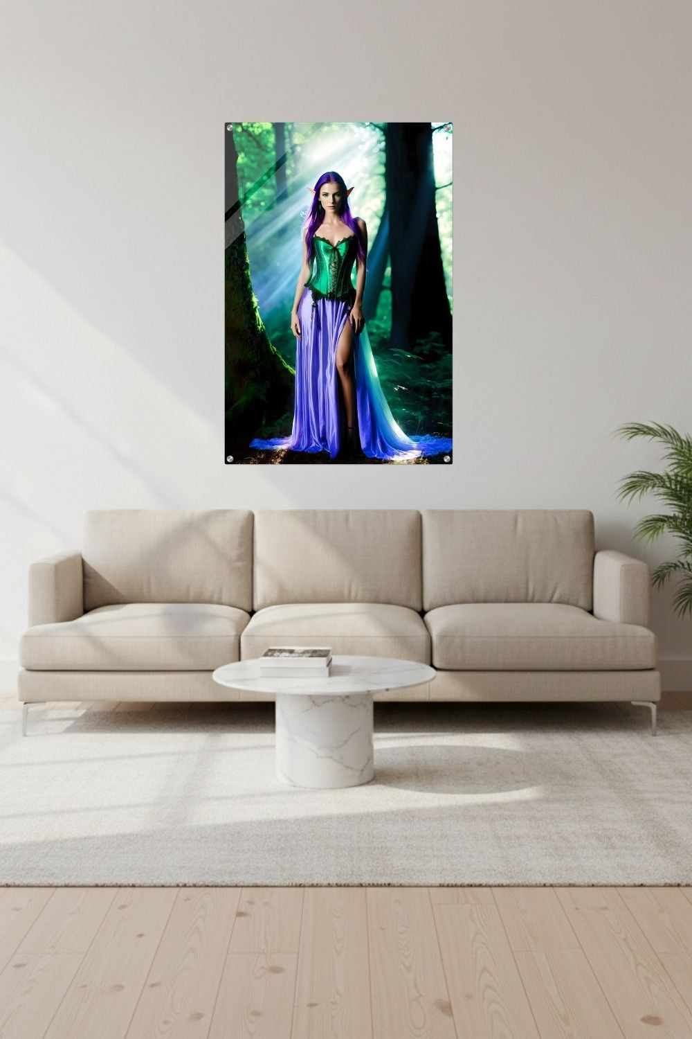 Tauchen Sie ein in eine magische Welt: „Forest Enchantress“ zeigt eine mystische Elfe im Sonnenlicht des Waldes. Jetzt hochwertig bei Gudekind bestellen. Acryl