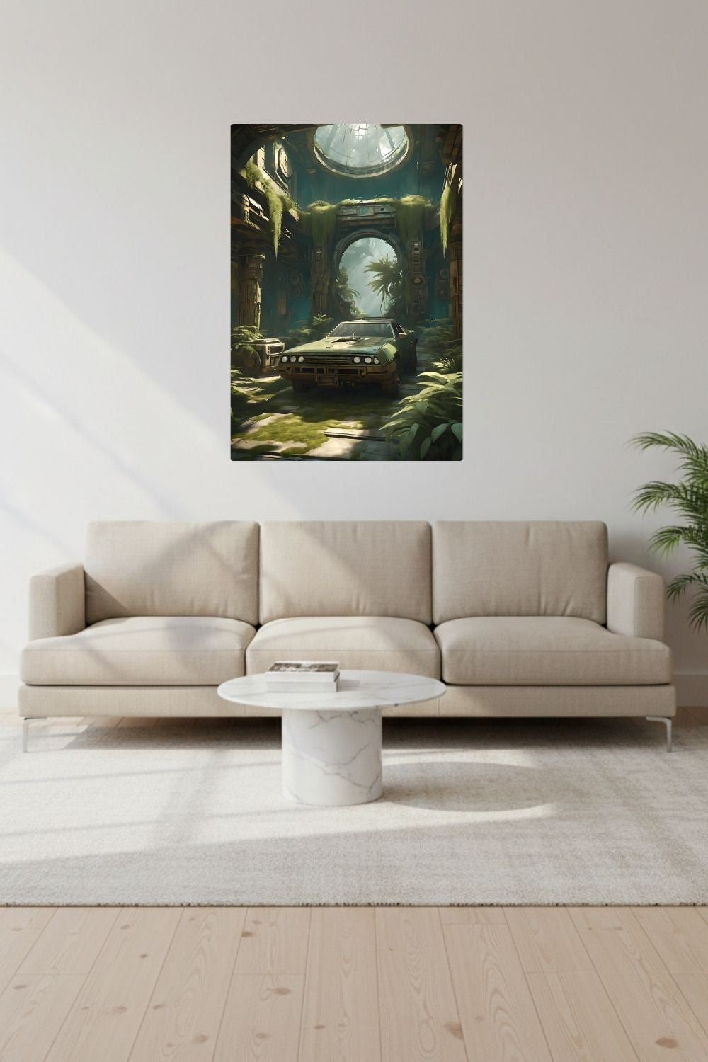 Vergangener Glanz trifft Natur: „Ancient Drive“ zeigt ein verlassenes Auto in einer überwucherten Ruine. Jetzt als hochwertiges Wandbild bei Gudekind kaufen. Dibond