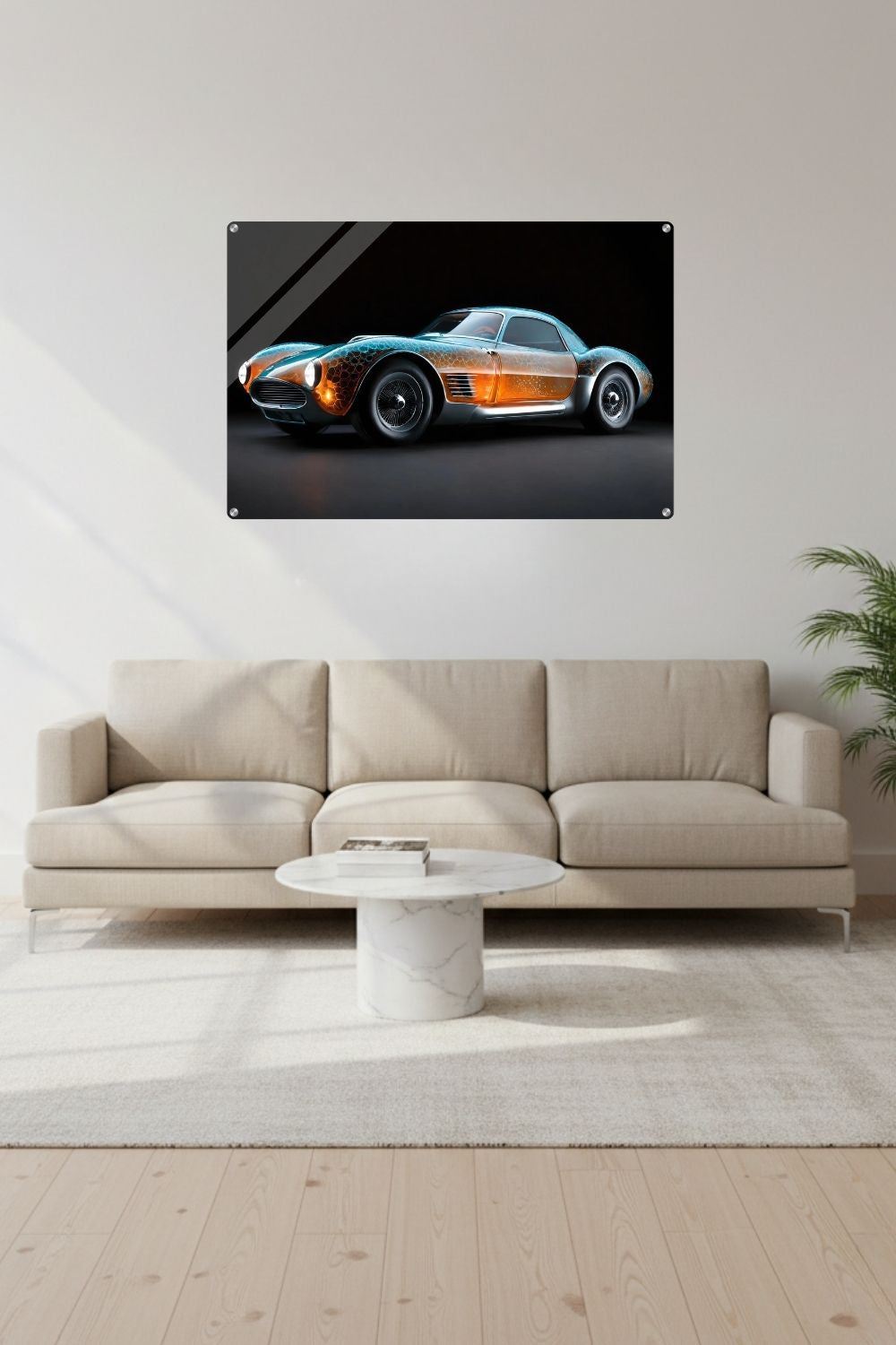 Digitales Kunstwerk eines klassischen Sportwagens mit einer transparenten, bernsteinfarbenen Karosserie und blauen Lichtreflexen. Acryl