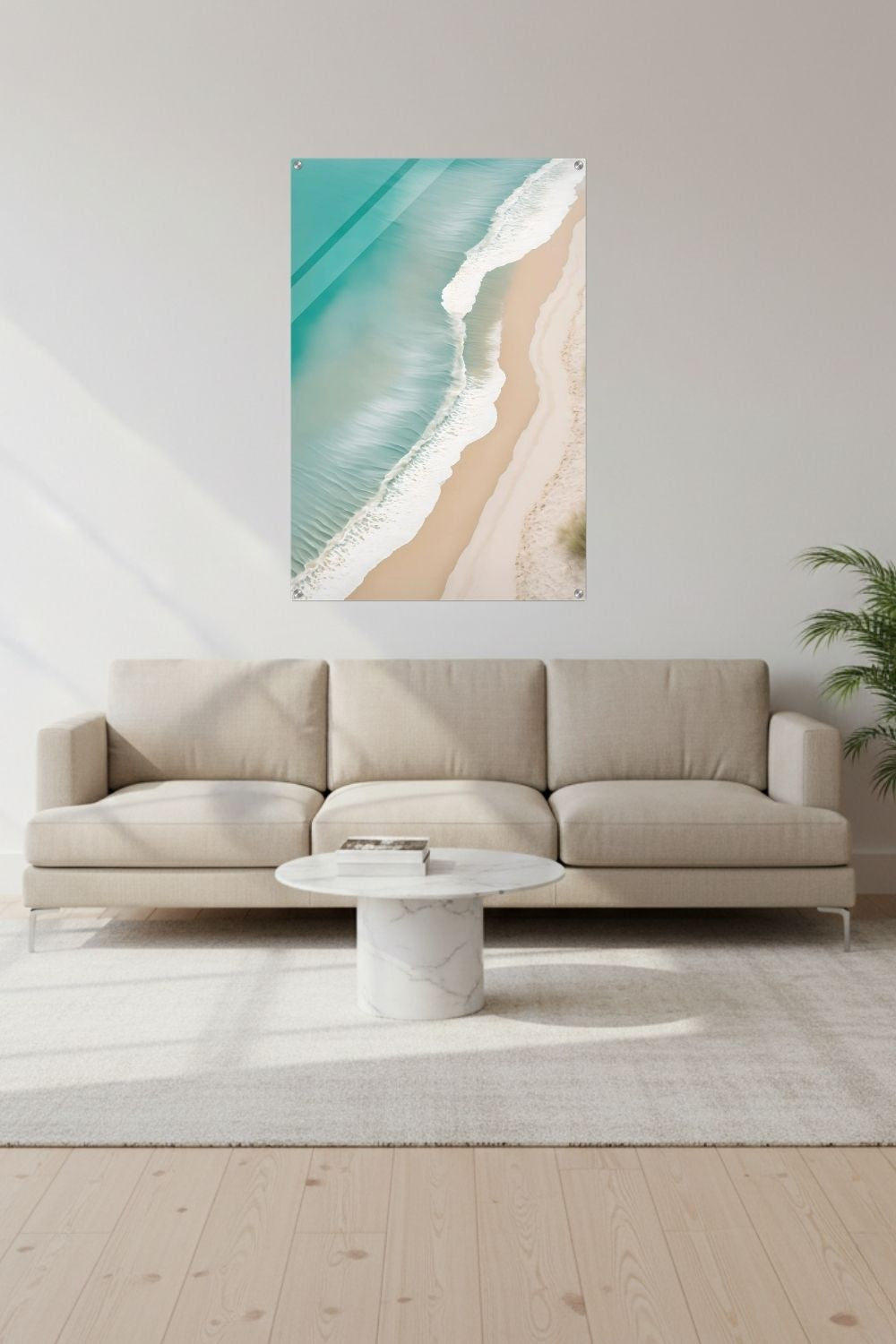 Traumhaftes Strand-Wandbild: Türkisfarbenes Meer und weißer Sand aus der Luftaufnahme. Minimalistisches Küsten-Design für Ihr Zuhause. Jetzt online kaufen! Acryl