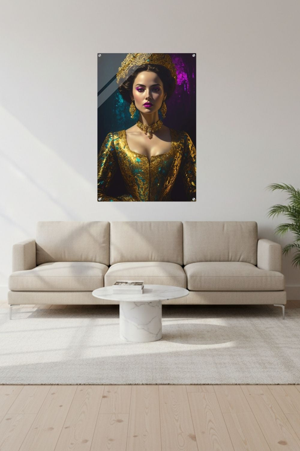 Digitales Porträt einer barocken Königin in Gold und Türkis mit deutlich sichtbaren, künstlerischen Glitch-Effekten und Pixelfehlern. Acryl