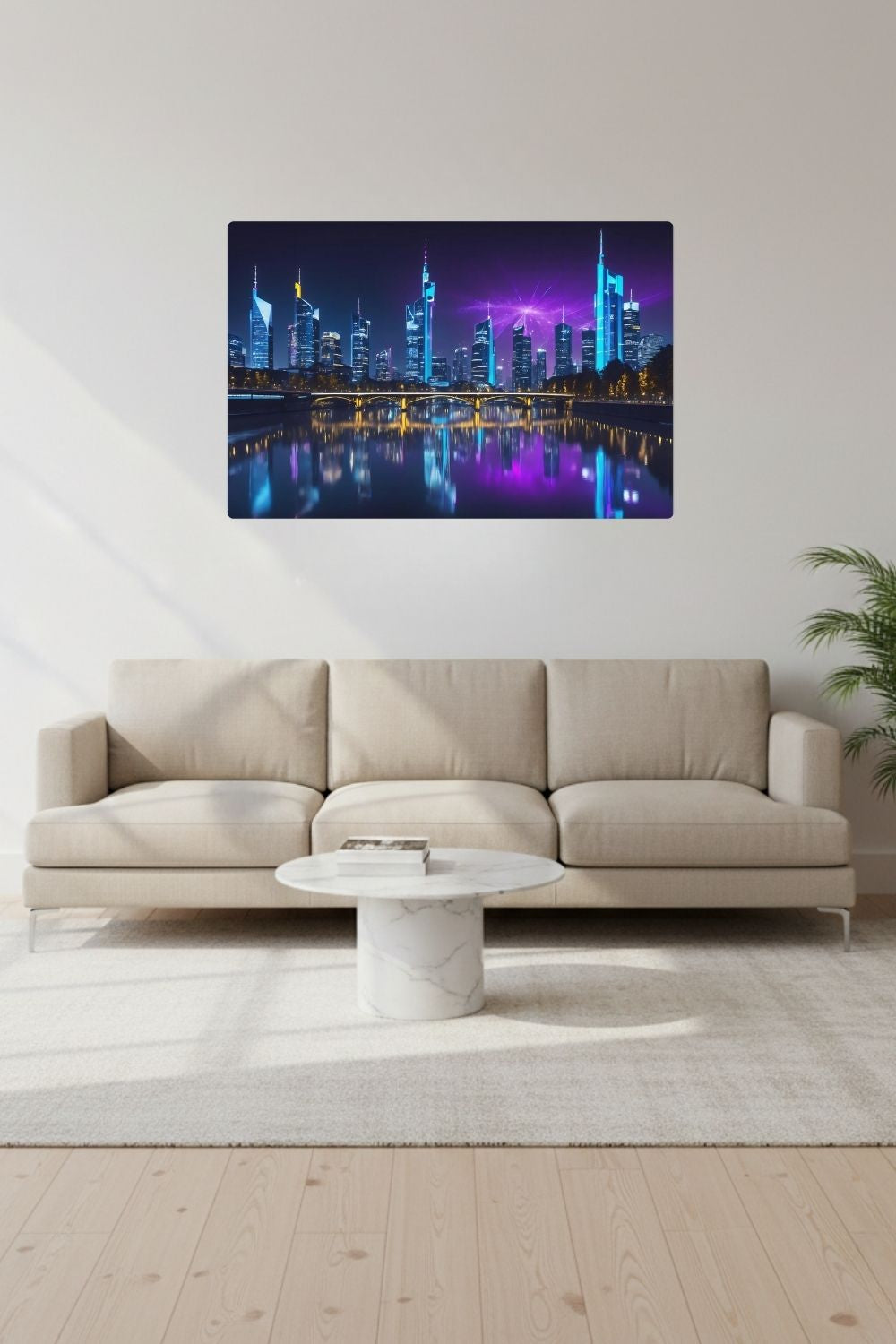 Futuristisches Wandbild der Frankfurter Skyline bei Nacht mit neonblauen Hochhäusern und violetten Lichtreflexionen auf dem Main. Dibond