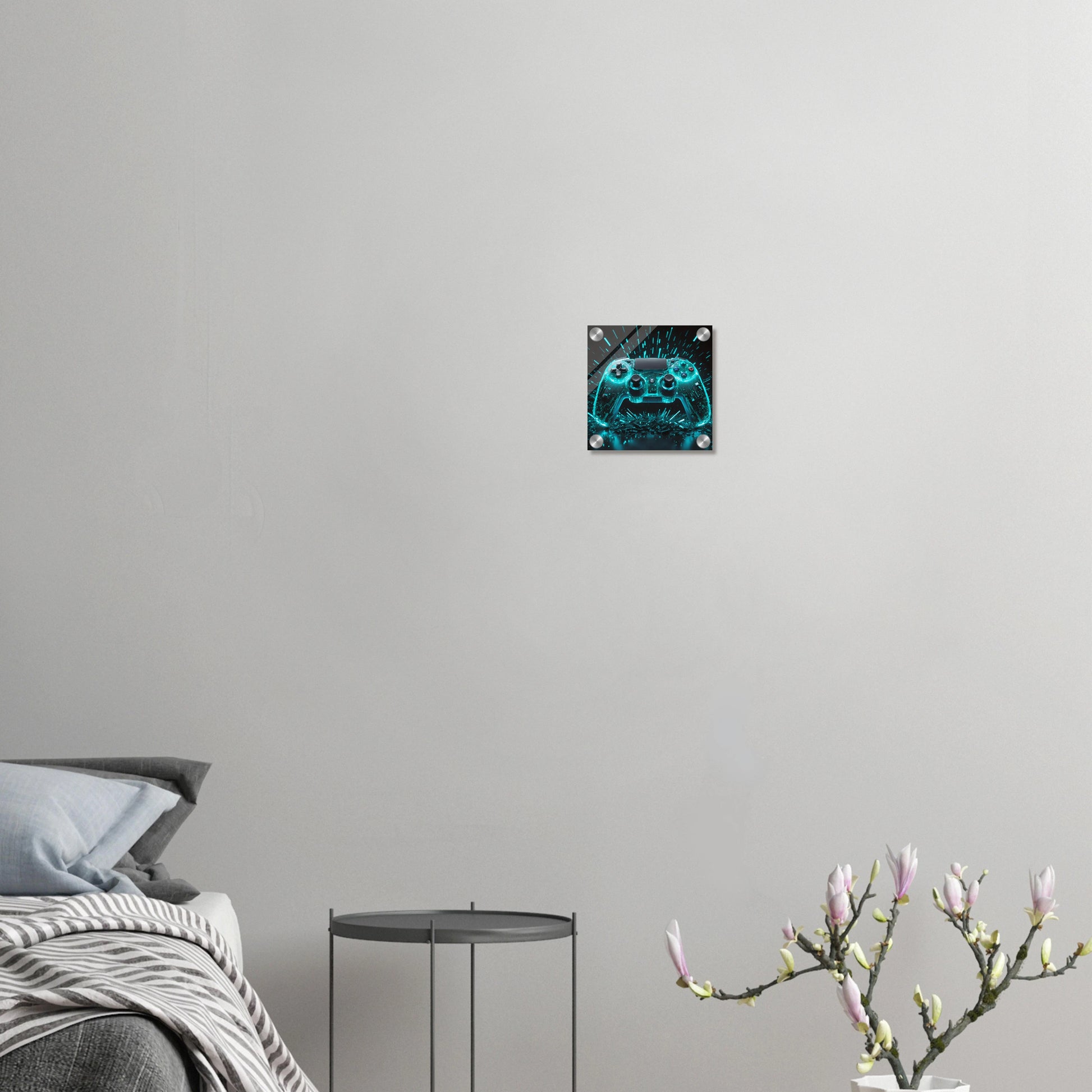 Modernes Wandbild eines transparenten Gaming-Controllers mit leuchtend türkis-cyanfarbenen Schaltkreisen und Licht-Explosion. 20x20 cm. Acryl