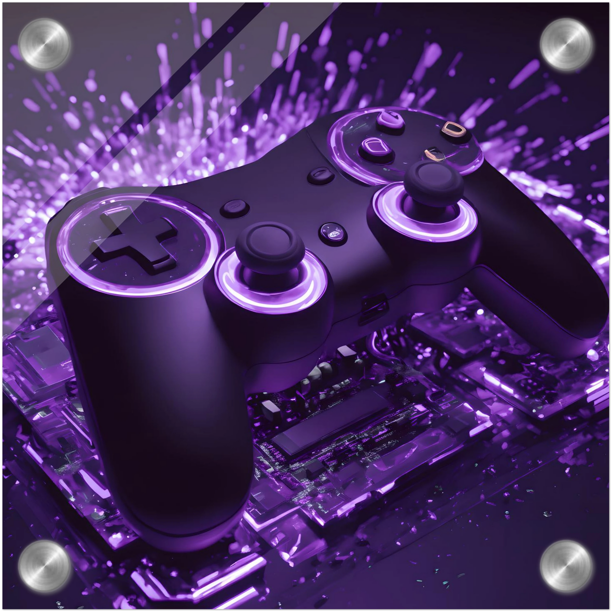 Modernes Gaming-Wandbild mit einem schwarzen Controller, der von violettem Neonlicht und Lichtpartikeln umgeben ist. 20x20 cm. Acryl