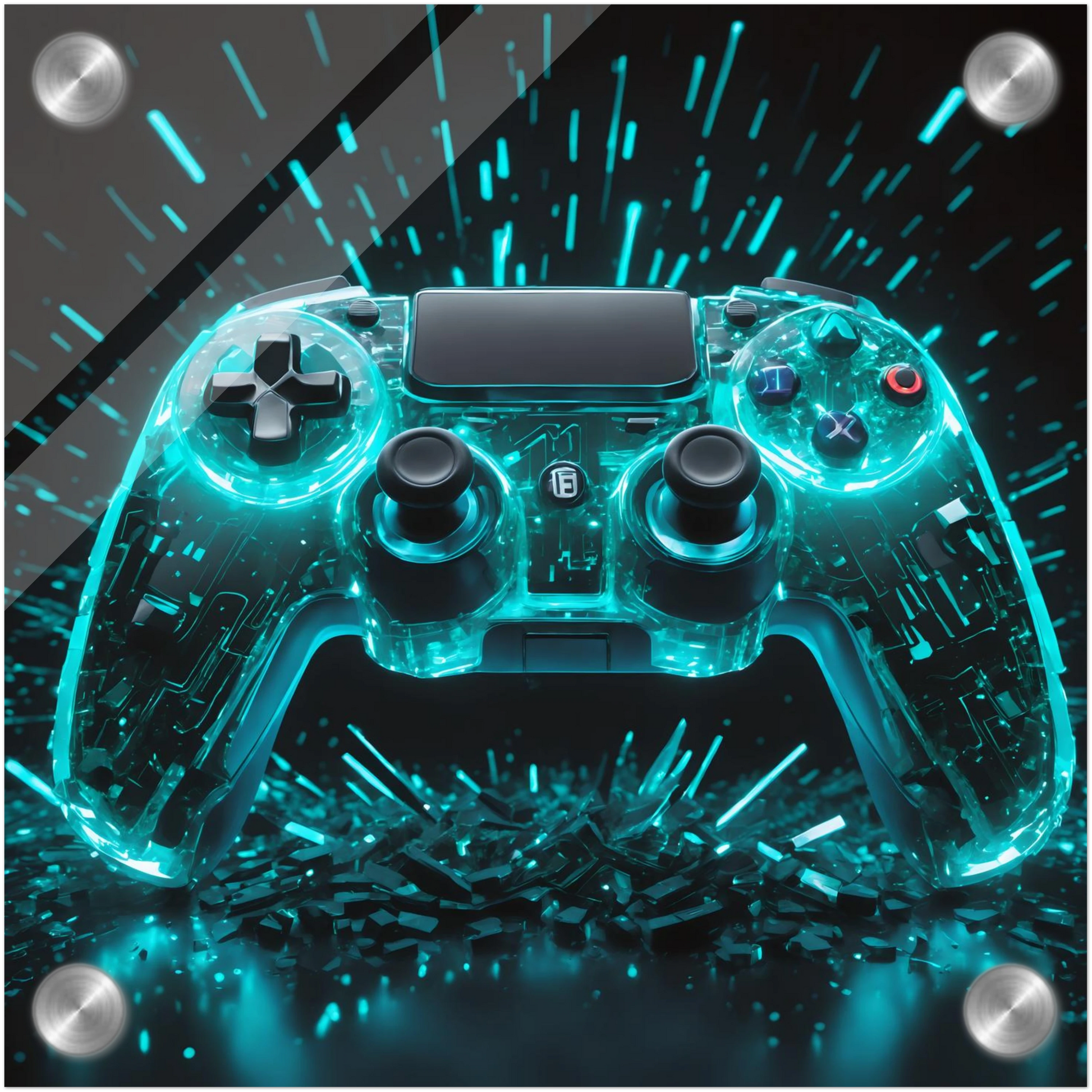 Modernes Wandbild eines transparenten Gaming-Controllers mit leuchtend türkis-cyanfarbenen Schaltkreisen und Licht-Explosion. 20x20 cm. Acryl