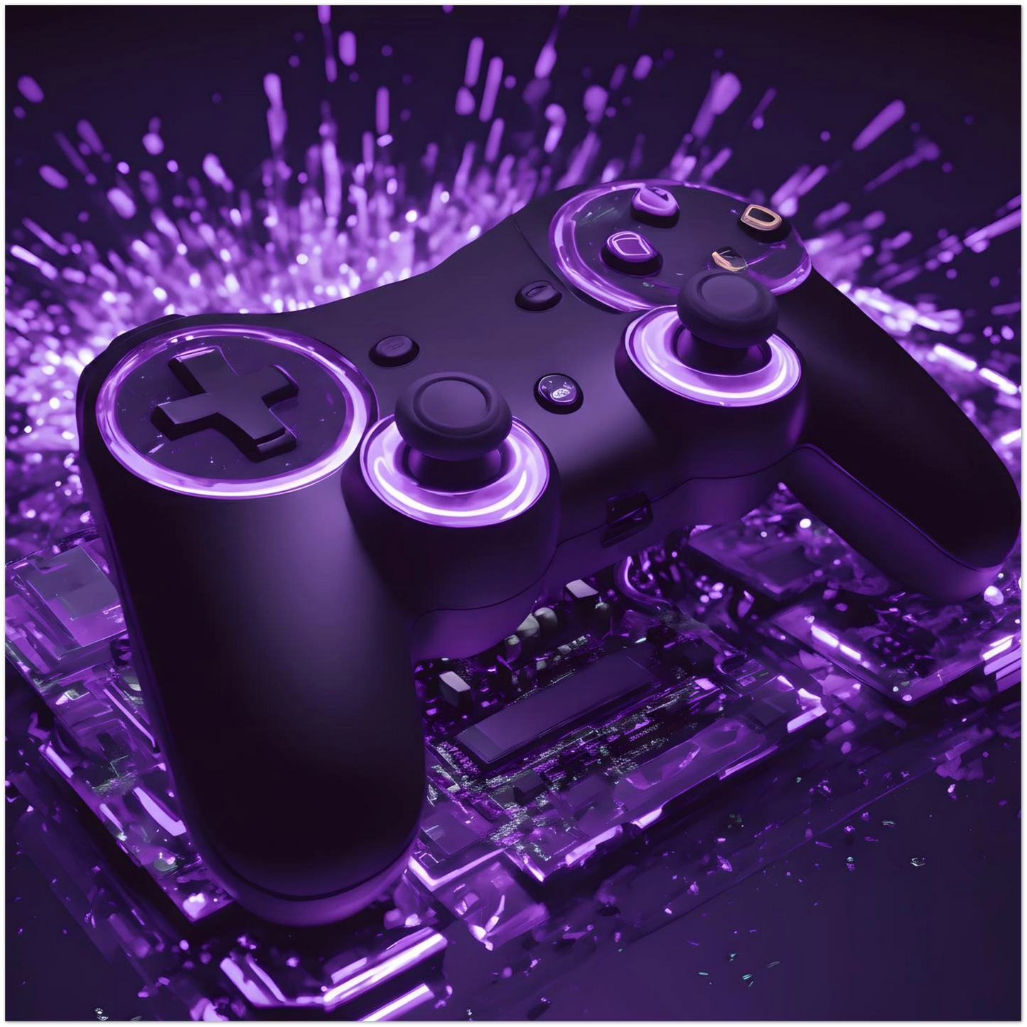 Modernes Gaming-Wandbild mit einem schwarzen Controller, der von violettem Neonlicht und Lichtpartikeln umgeben ist. 20x20 cm. Dibond