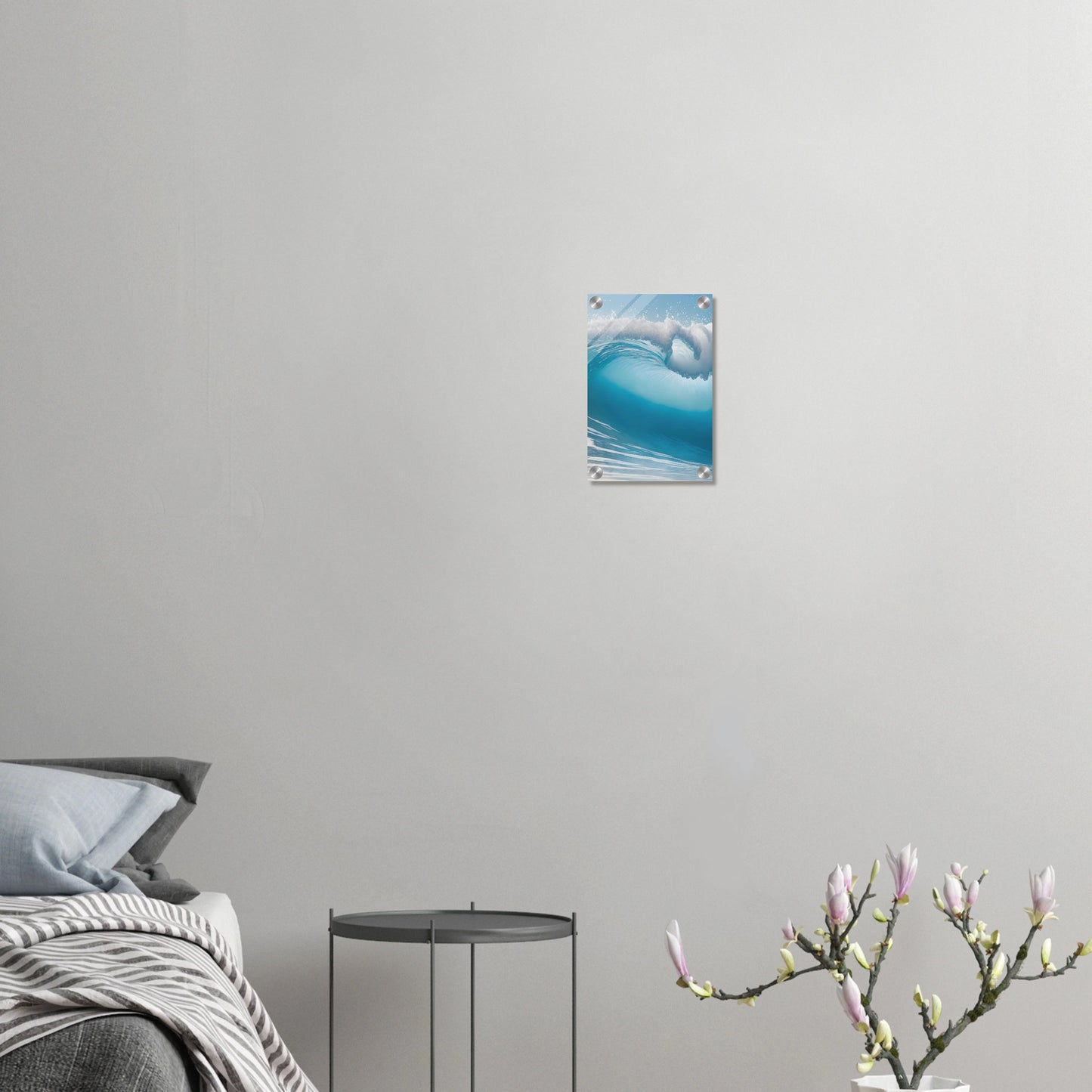 Abstraktes Wandbild einer brechenden Meereswelle in Türkis und Blau mit weißer Gischt. 20x30 cm. Acryl